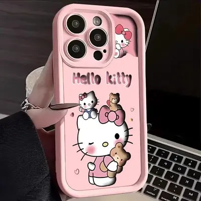 Pembe KT kedi telefon kılıfı, Apple 15 Pro Max iPhone 16 için uygun, sevimli çizgi film desenli, 14, 13, 17 numaralı kızlar için, düşmeye karşı korumalı. - 2