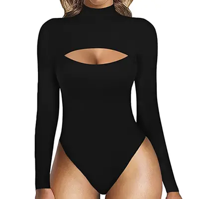 Women's Sexy High Neck Front Cut-Out Thin Long Sleeve Jumpsuit - 6