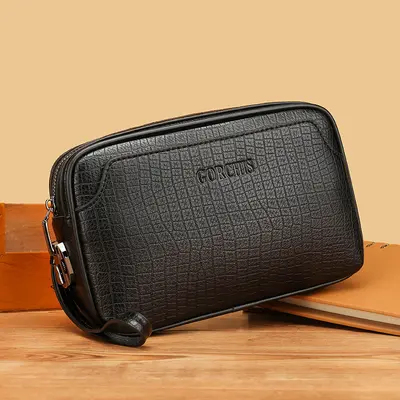 Stone-Pattern Soft Leather Men's Clutch Bag with Combination Lock