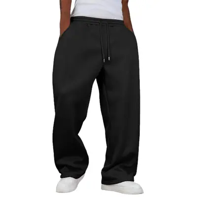 Unisex Solid Color Fleece-Lined Loose Wide-Leg Sweatpants