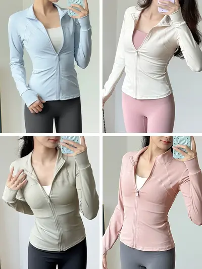 Kadın fitness seti, spor ceketi, dikey yaka, uzun kollu, hızlı kuruyan