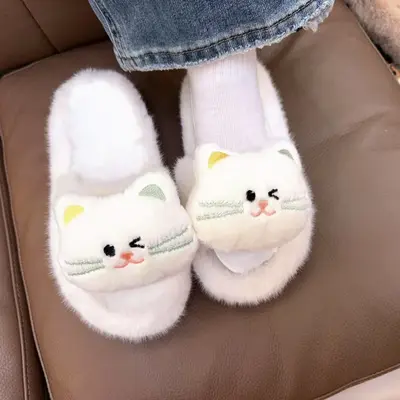 Kedi Desenli Peluş Terlik, Kadın, Dışarıda Giyilebilir, Kaymaz Kalın Taban