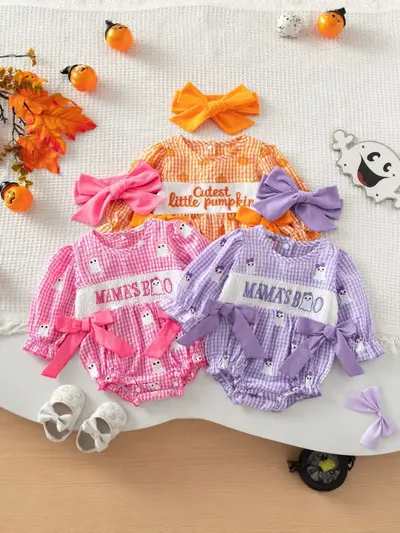 Baby Mädchen Langarm Halloween Strampler mit Schleife und Karomuster