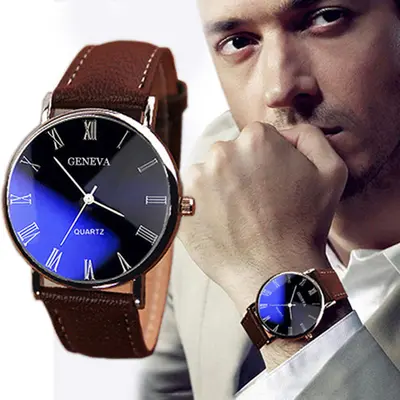 Korean fashion men's watch, alloy case, roman numerals, leather strap