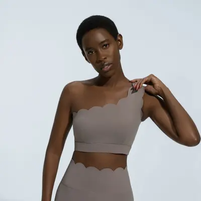 Single-Shoulder Ruffle Open-Back Yoga Set with Removable Cup Sports Bra - 12