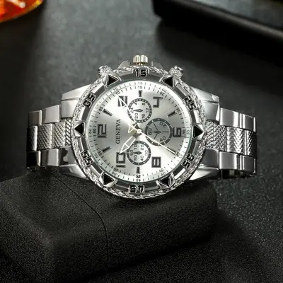 Men's quartz watch steel strap large dial