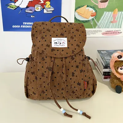 Japanese-Style Bow Corduroy Women's Backpack - 9