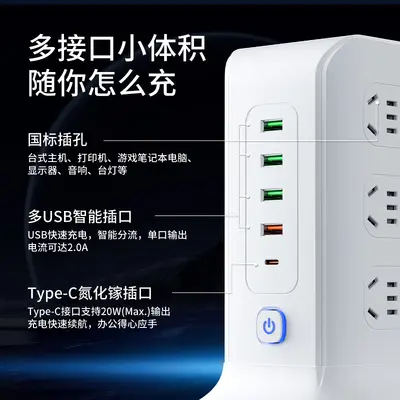 Pure Copper Multi-Socket Power Strip with 20W USB Fast Charging