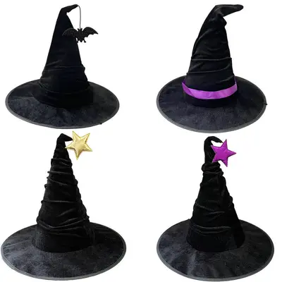 Halloween Hexenhut Schwarzer Samthut Hexen-Kopfschmuck Zauberer-Kopfschmuck Hexenmütze Zauberer-Hut Partyhut Kopfschmuck