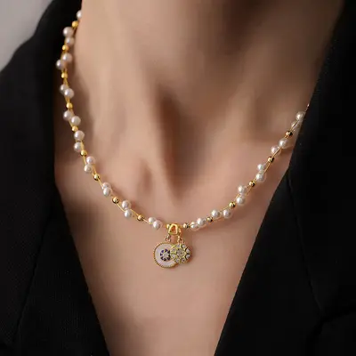 18k vergoldete Zirkonia-Perlenkette, luxuriöse Schlüsselbeinkette - 7