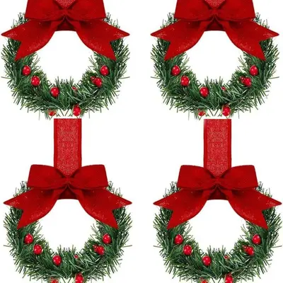Small Flower Christmas Wreath, Mini Cabinet Decoration with Berries and Bow