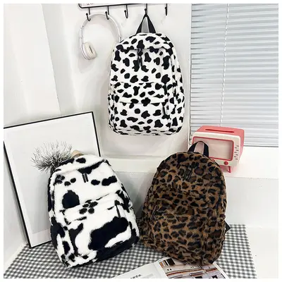 Plüsch-Rucksack mit großem Fassungsvermögen, Leoparden- und Kuhmuster - 4