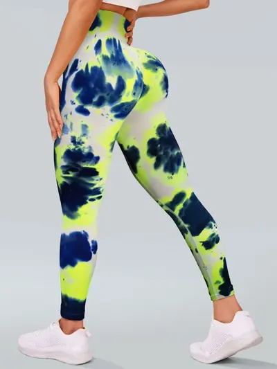 Sports yoga fitness seamless leggings, blue-green tie-dye, high-waist women's