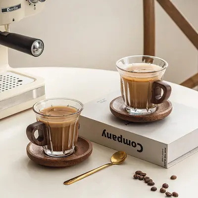 Tempered Glass Coffee Cup Set with Wooden Handle and Saucer