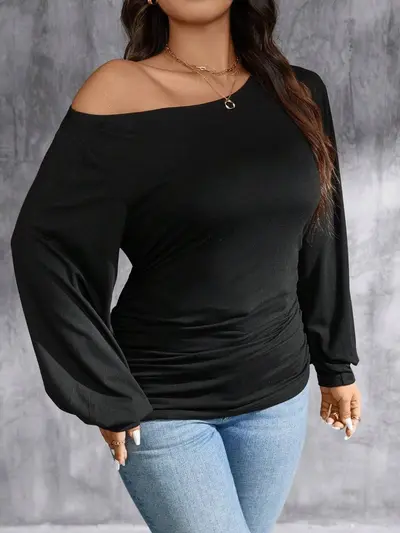 Plus Size Women's T-Shirt with Sloped Collar and Dropped Shoulders, Autumn/Winter