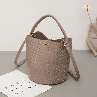 Genuine Leather Woven Bucket Bag for Women