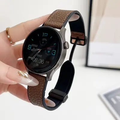 Lychee Pattern Leather-Look Silicone Watch Strap with Magnetic Clasp for Huawei Watch 5 - 8