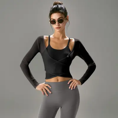 专业瑜伽服女套装长袖收腰显瘦运动健身两件套高级感普拉提带胸垫 - 8