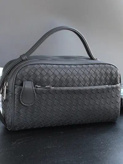Men's Clutch Bag, Waxed Napa Leather, Woven Pattern, Double Zipper - 5