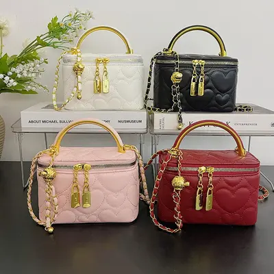 Women's Chain Bag with Diamond-Quilted Cosmetic Bag and Shoulder Strap - 5