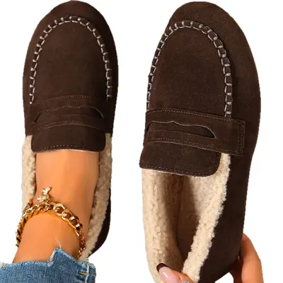 Kadın büyük numara loafer ayakkabı, kışlık kadife astarlı, peluş düz taban