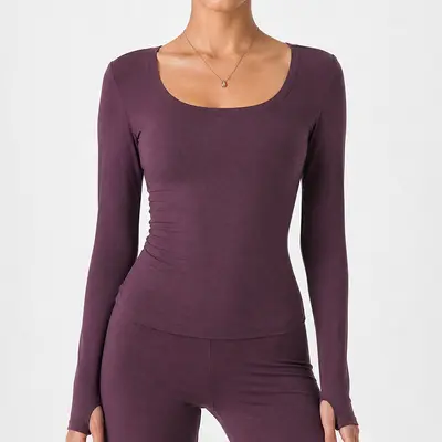 Women's Fleece-Lined Long Sleeve U-Neck Yoga Top - 13