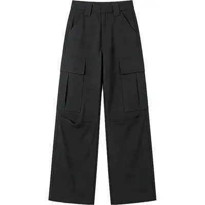 Damen-Cargohose, schwarz, hohe Taille, weites Bein, große Taschen