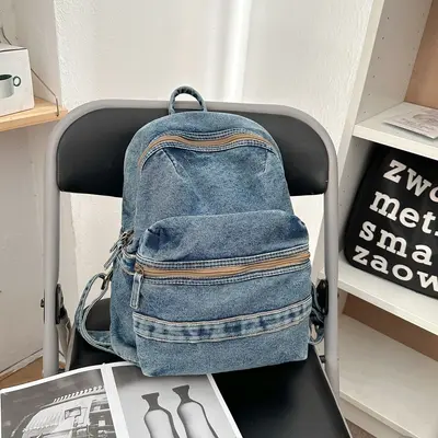 Retro Denim Small Backpack for Women, Student Casual Daypack - 7