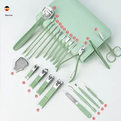 Manicure set, 35-piece, green, with nail scissors