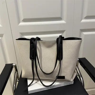 Women's Canvas Tote Bag with Leather Trim, Large Capacity - 6