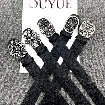 Amerikan Vintage Haçlı Metal Toka Kemer Erkek Kadın Kloe Yeni Tasarım Y2K Siyah Kabartmalı Deri Kemer