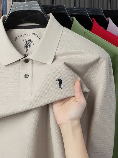 Men's Long Sleeve Pure Cotton Embroidered Polo Shirt