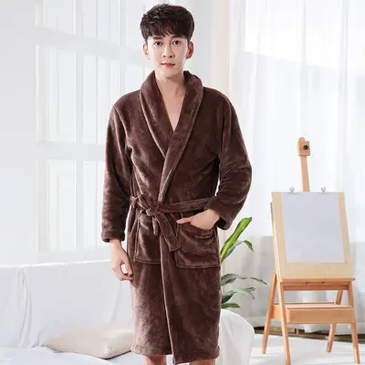 Thickened flannel nightgown, plus size autumn and winter pajamas, coral velvet bathrobe, couples sleepwear for men and women, plus velvet - 11