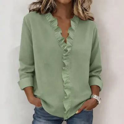 Women's Ruffled Edge Long Sleeve Cotton Shirt, Spring Style - 10