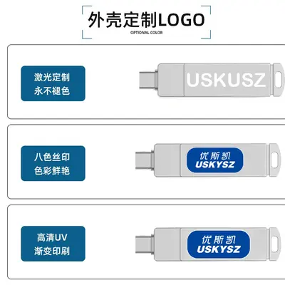 128 GB Type-C metal USB flash sürücü, çift arayüzlü