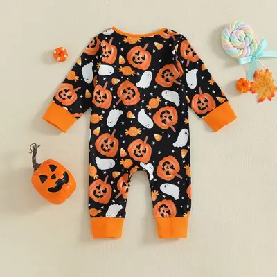 Baby Long Sleeve Romper with Pumpkin Print and Diagonal Zipper
