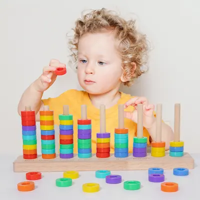 Wooden Seven-Color Sorting and Ring Toss Game, Early Education Toy