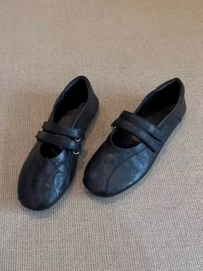 Women's Velcro Mary Jane Flat Shoes, 2025 Style, Faux Leather - 7