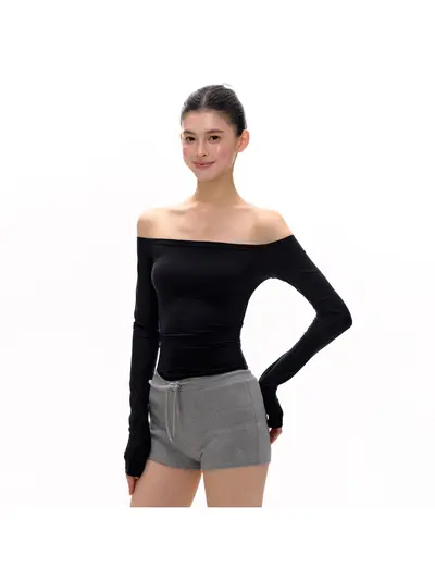 Skims-Style Women's Long Sleeve T-Shirt, One-Shoulder Off-Shoulder, Double-Layer, Autumn 2
