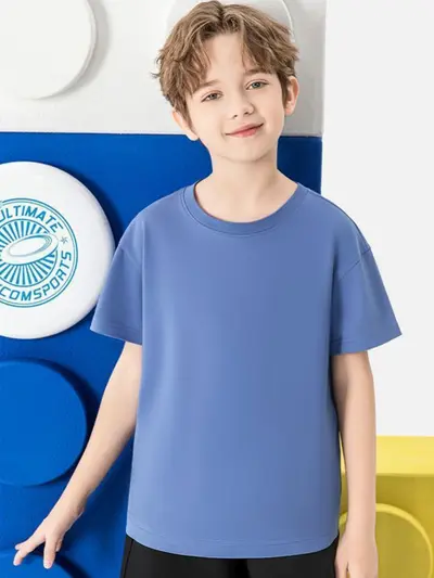 Çocuk kısa kollu pamuklu t-shirt, düz renk, bol kesim, yaz için ince model
