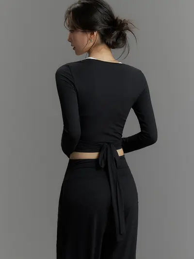 Kadın Yoga Takımı Uzun Kollu Yumuşak Nefes Alabilen Gevşek Kesim Yuvarlak Yaka T-Shirt - 5