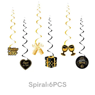 Black and Gold New Year Party Decoration Set with Tablecloth, Banner, Pull Flags and Ballo - 8