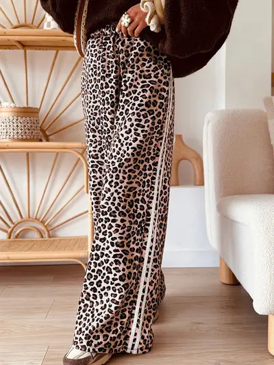 High-Waist Women's Casual Pants, Leopard Print, Striped Trim, Straight Leg