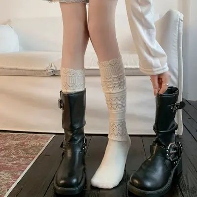 Thin Lace Women's Long Socks, Japanese Style Hollow Vintage Boot Socks