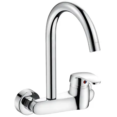 Premium copper wall-mounted kitchen faucet with double holes, hot and cold water, grey dual-spout design, suitable for household use in sinks, balconies and laundry areas.