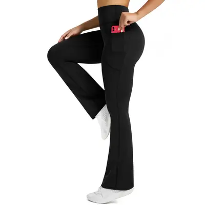 High-Waist Flared Yoga Pants for Women, Pockets, Stretchy Slimming Fitness Trousers - 3