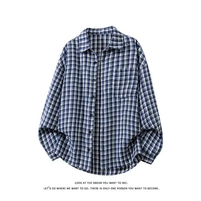 Men's Loose Retro Plaid Long-Sleeve Shirt, Japanese Style, Plus Size