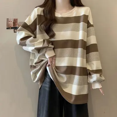 American retro oversized striped sweatshirt for women, spring and autumn thin loose boyfriend style comfortable long-sleeve shirt top.