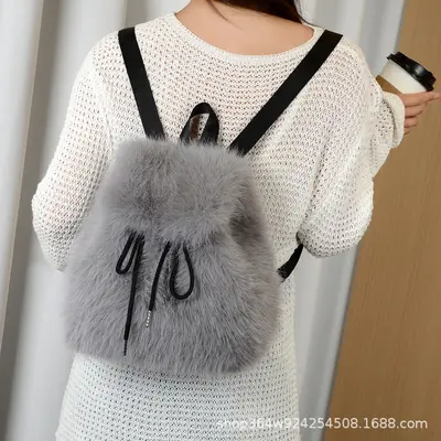 Faux Fox Fur Women's Backpack with Drawstring and Magnetic Flap - 5