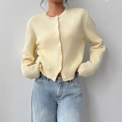 Damen Langarm-Strickjacke, weich, kurz, locker geschnitten